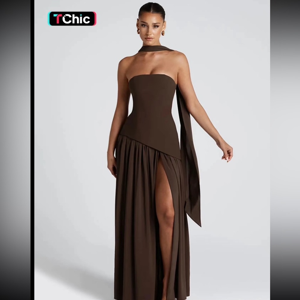Elegant Brown Strapless Evening Dress